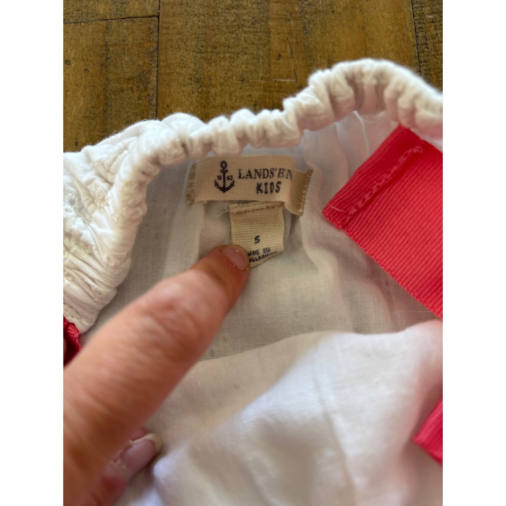 Lands End Kids White Eyelet Dress Pink Ribbon Tie Straps Girls Size Small 4 5 - Picture 3 of 4